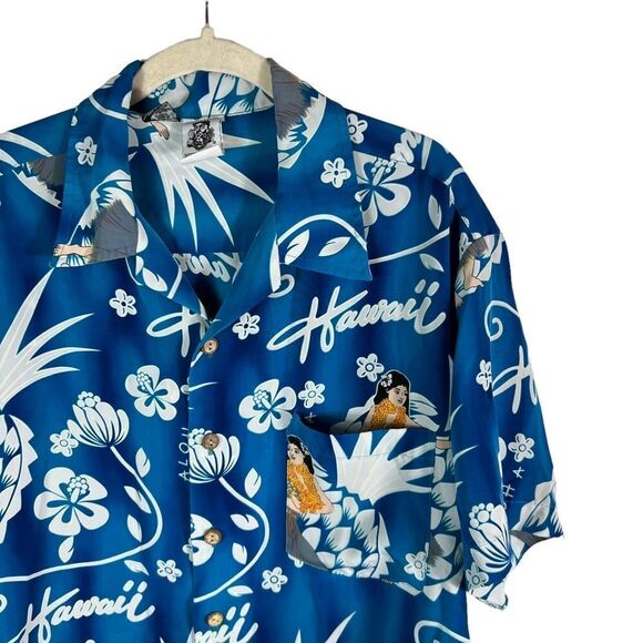 Vintage Kennington Blue Hawaiian Hula Girl’s Men’s Button Down Shirt - Picture 5 of 7